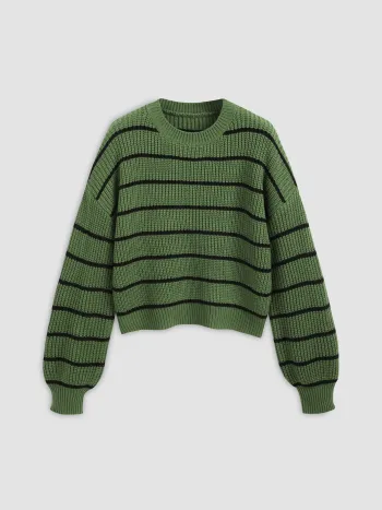 Striped Knit Round Neckline Long Sleeve Top