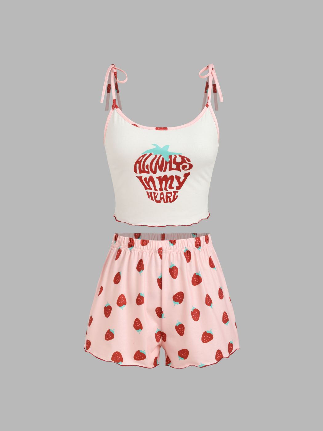 U-neckline Strawberry Graphic Cami Top & High Waist Shorts Lounge Set