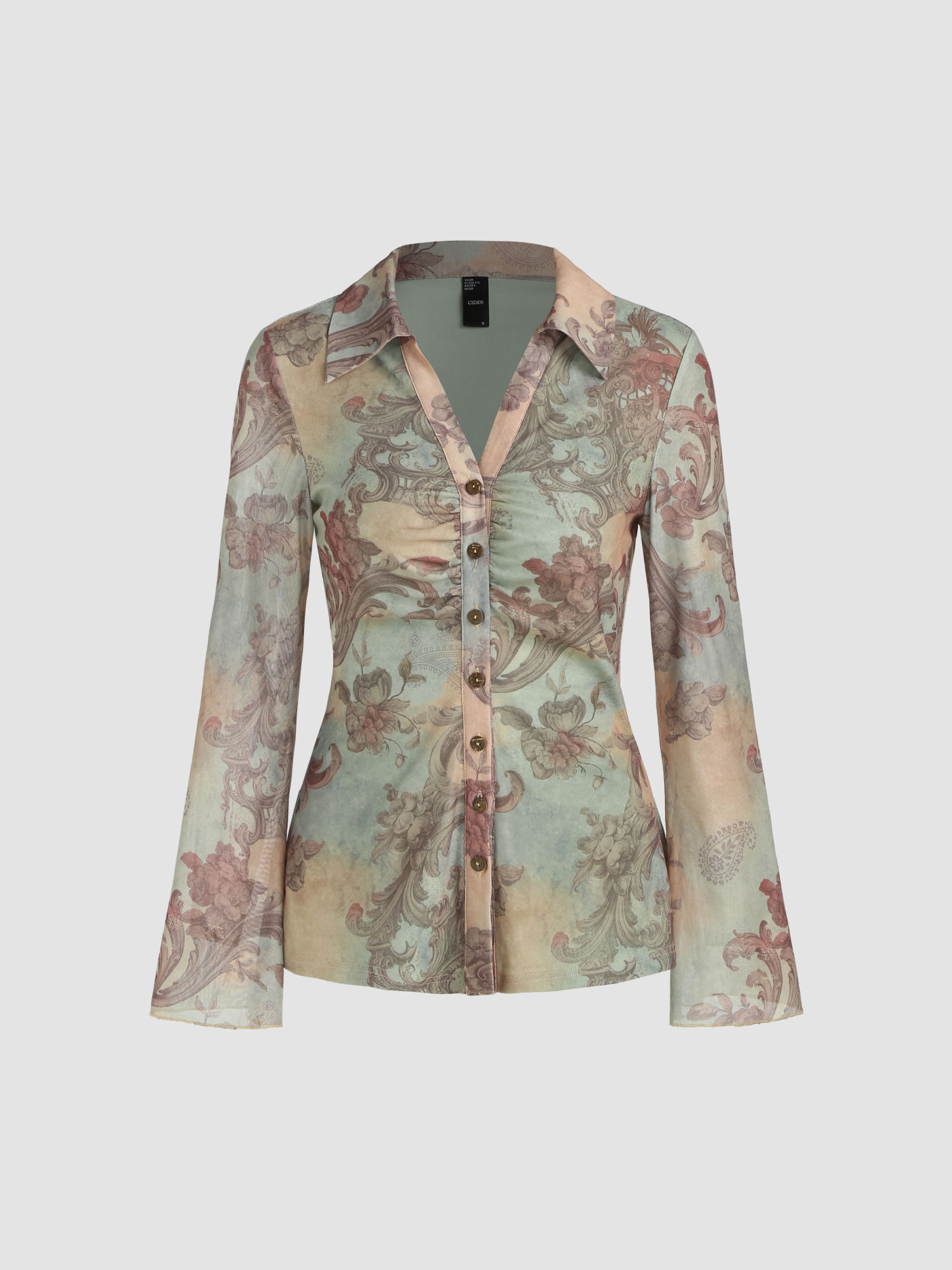 Mesh Collar All Over Print Button Long Sleeve Blouse