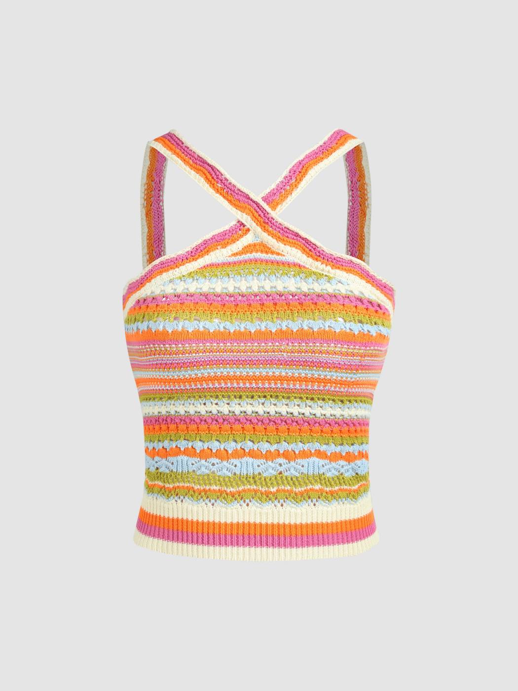 Gestricktes Cami-Oberteil mit buntem Streifen und Kreuzmuster und V-Ausschnitt