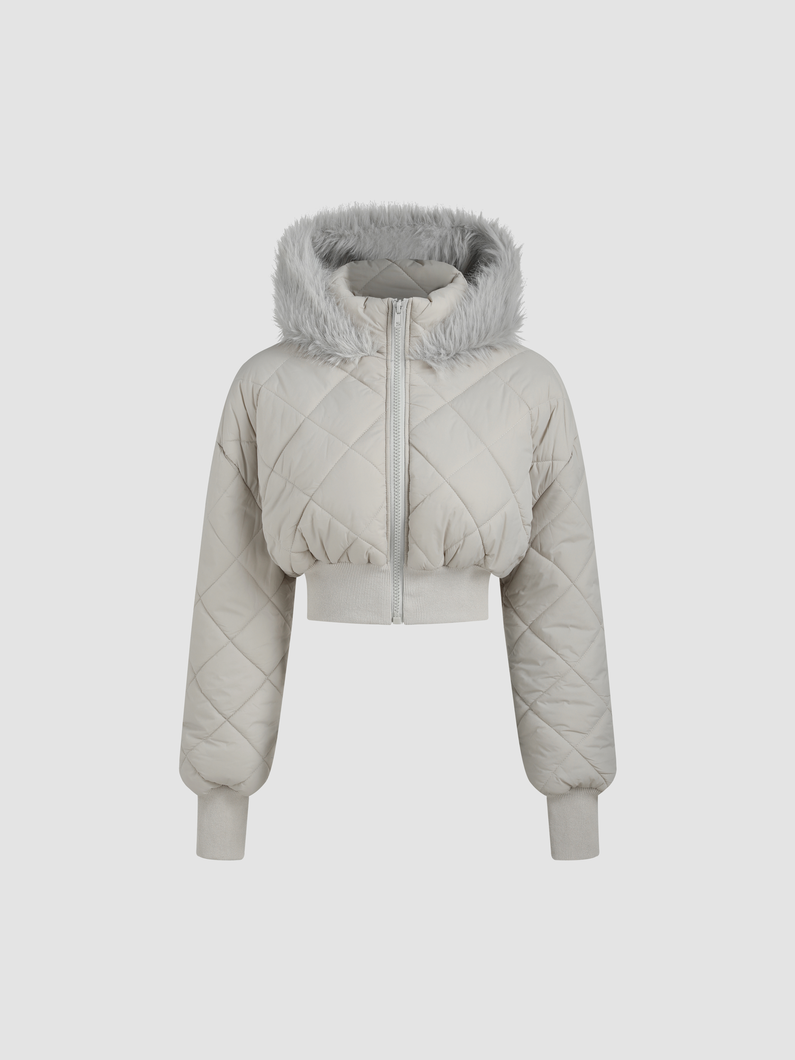 Faux Fur Geometric Quilted Hooded Crop Puffer Jacket Cider