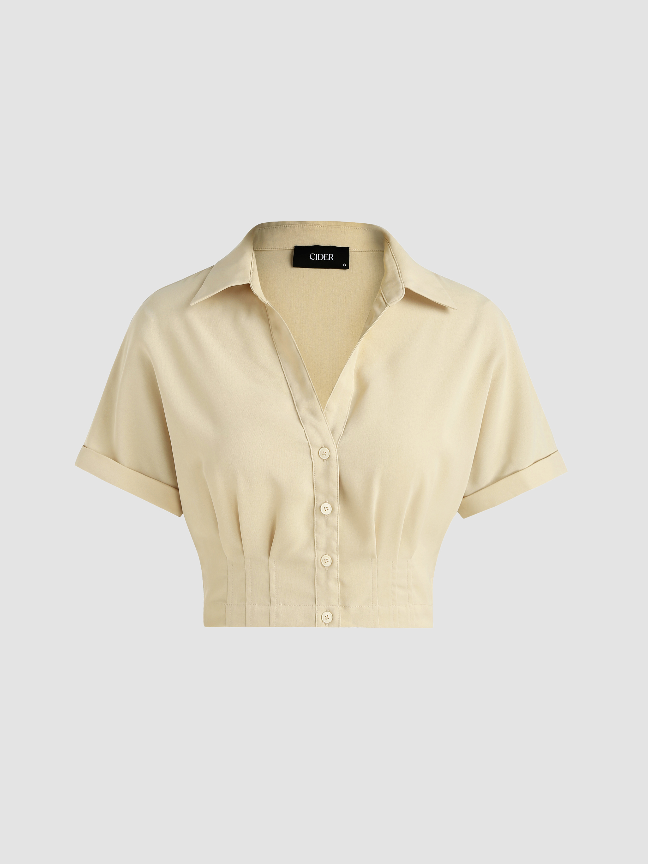 Collar Solid Pleated Short Sleeve Blouse For School Daily Casual Work