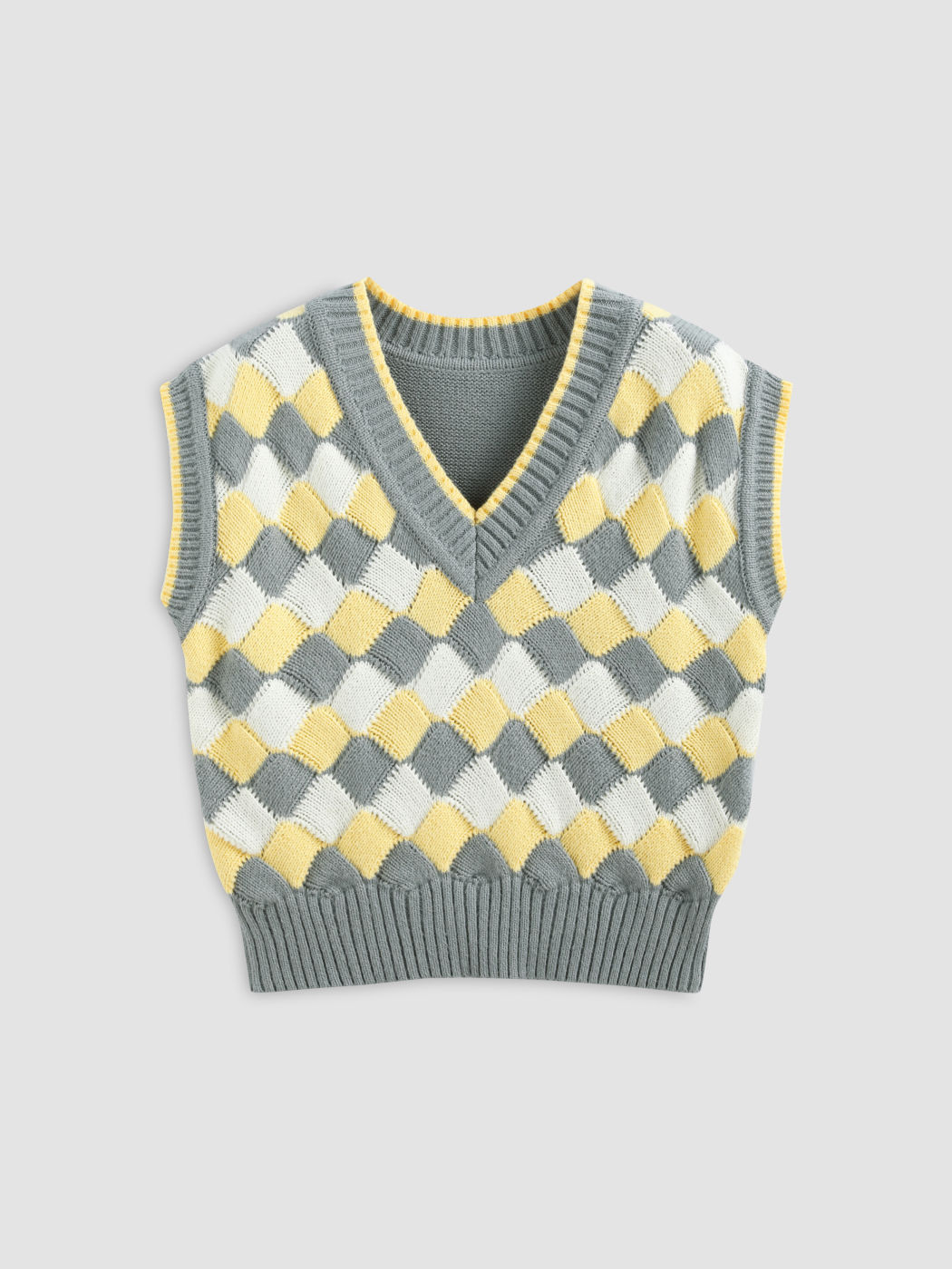 Knit V-neck Check Contrasting Binding Vest