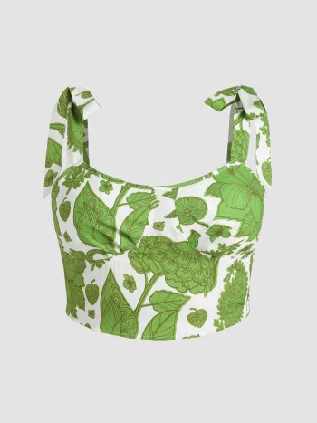 Boho Tropical & Animal Tie Shoulder Crop Tank Top Curve & Plus