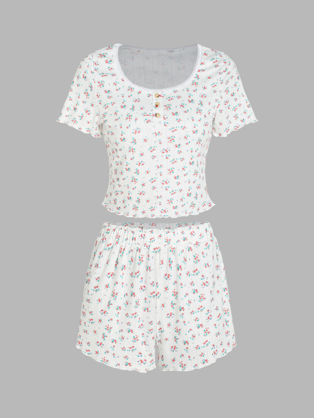 Blumiges Knopf-T-Shirt & Hochbund-Short-Pyjamaset