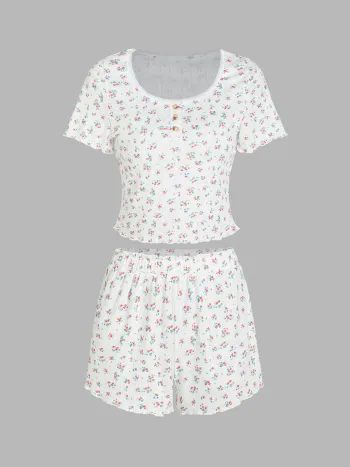 Floral Button Up Tee & High Waist Shorts Pajama Set