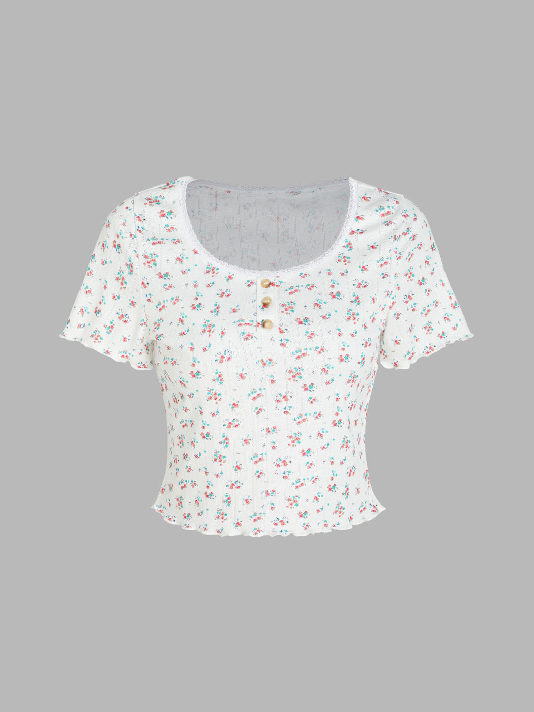 Blumiges Knopf-T-Shirt & Hochbund-Short-Pyjamaset