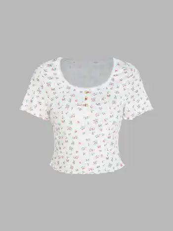 Floral Button Up Tee & High Waist Shorts Pajama Set