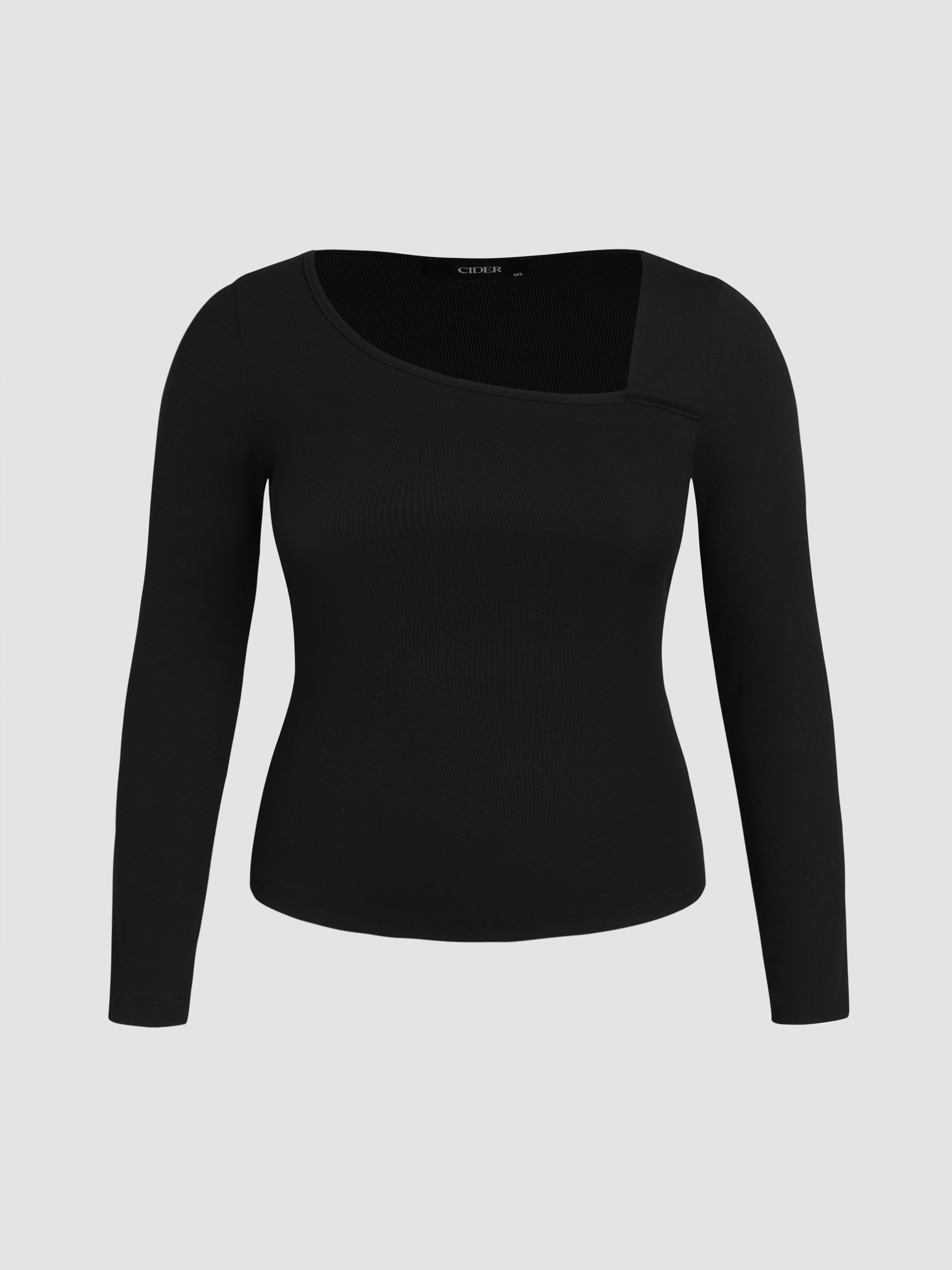 Solid Rib Asymmetrical Long Sleeve Top Curve & Plus For Daily Casual