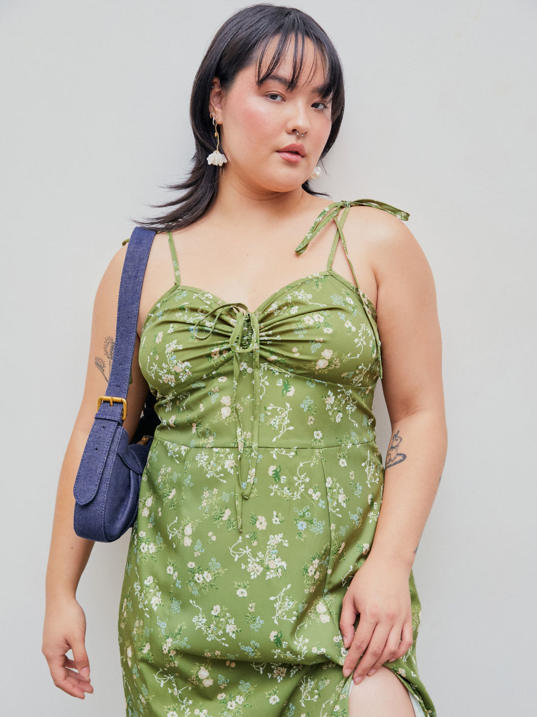 Square Neck Floral Ruched Split Midi Dress Curve & Plus