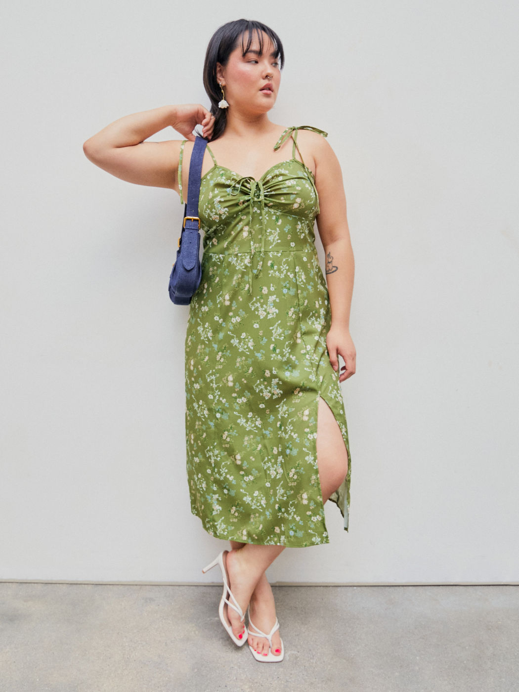 Square Neck Floral Ruched Split Midi Dress Curve & Plus