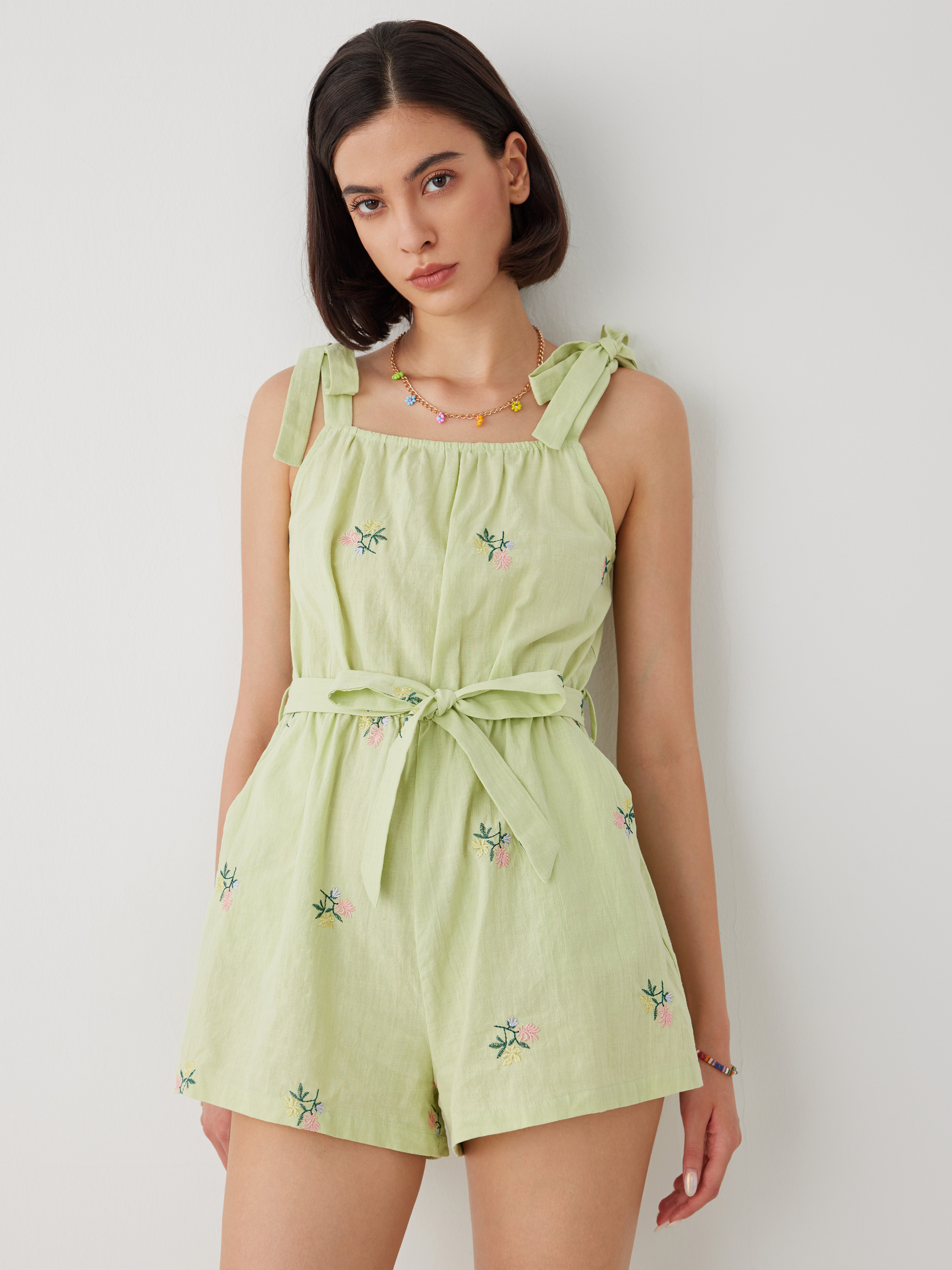 Floral Embroidery Belted Romper Cider