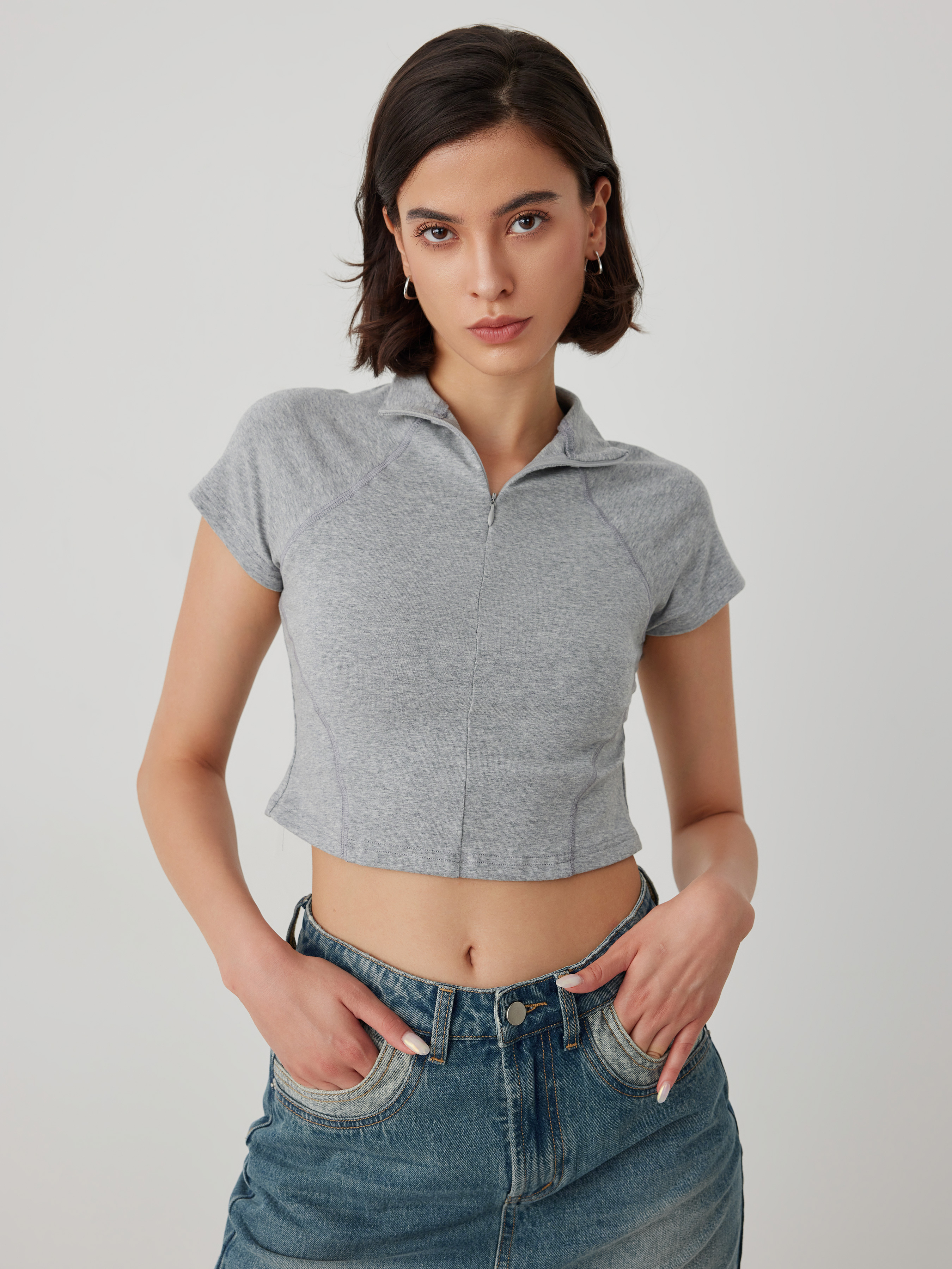 Stand Collar Zipper Up Short Sleeve Top Cider