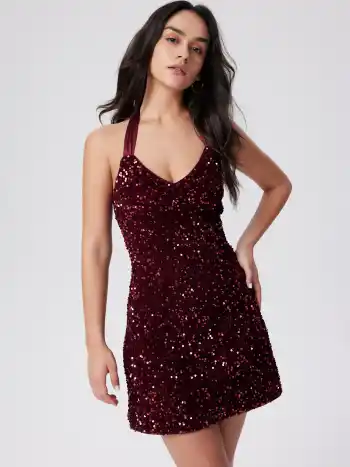 Pailletten V-Ausschnitt Halter Minikleid