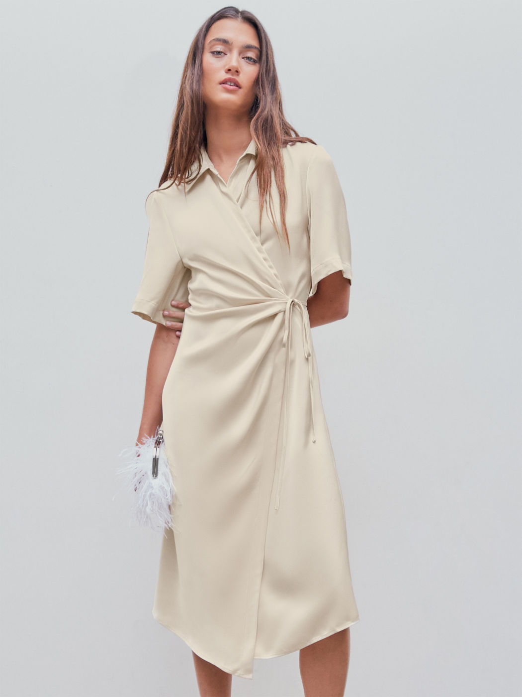 Woven Collar Belted Twist Midi Dress
