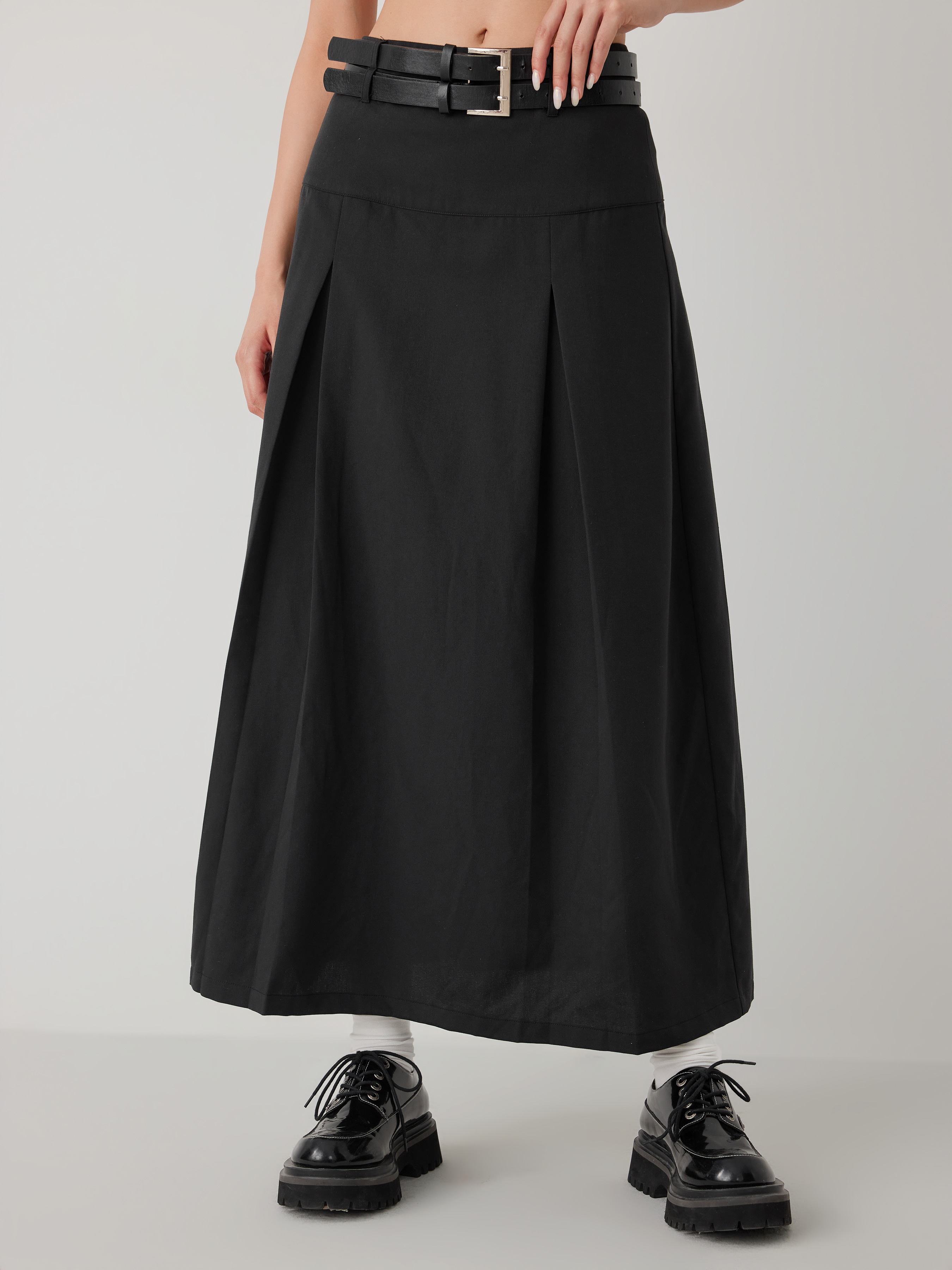 Double Belted Pleated Maxi Skirt