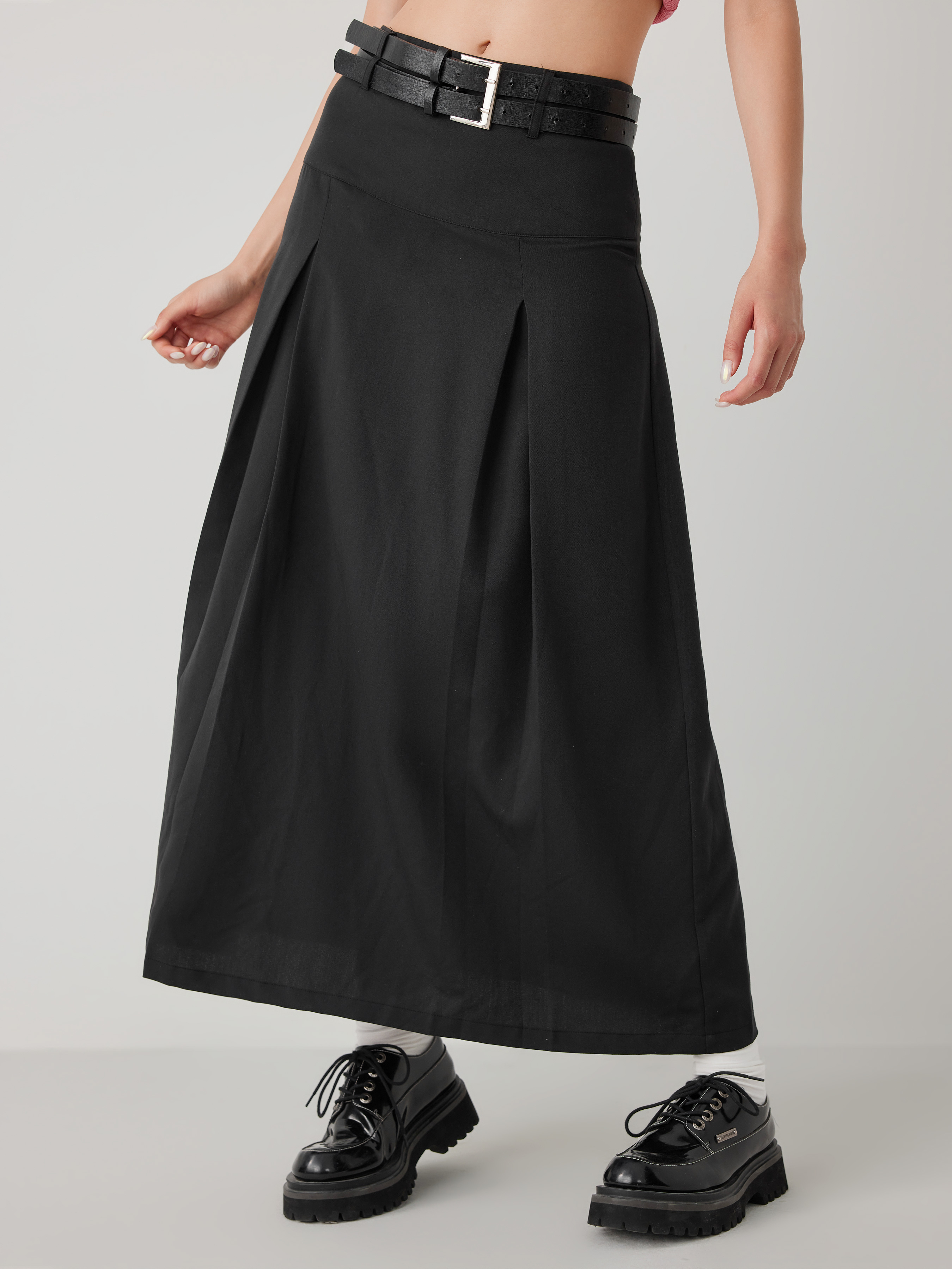 Double Belted Pleated Maxi Skirt