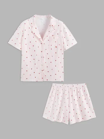 Collar Striped Strawberry Short Sleeve Top & Mid Waist Shorts Lounge Set Curve & Plus