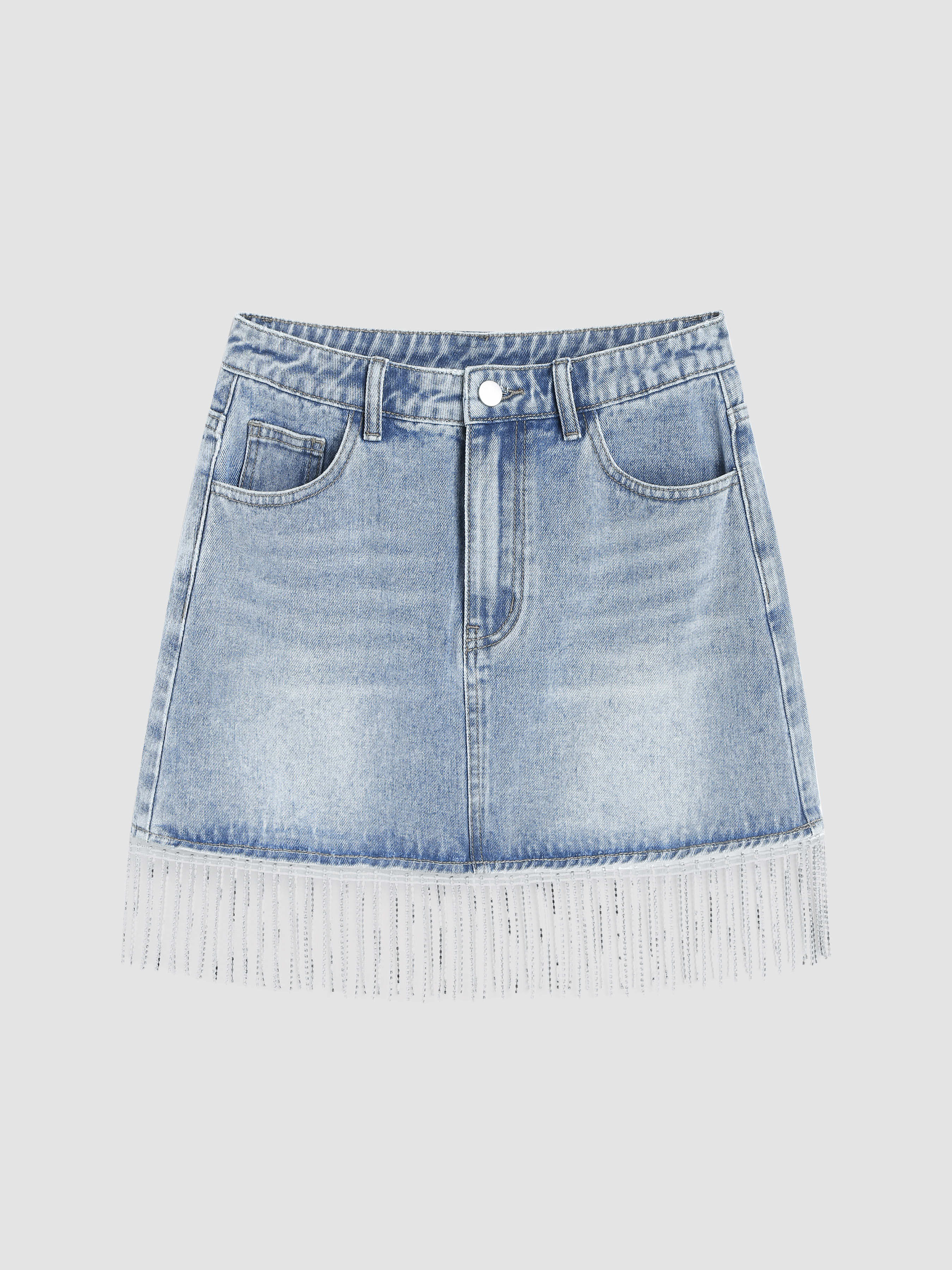 High Waist Solid Tassel Denim Mini Skirt Cider