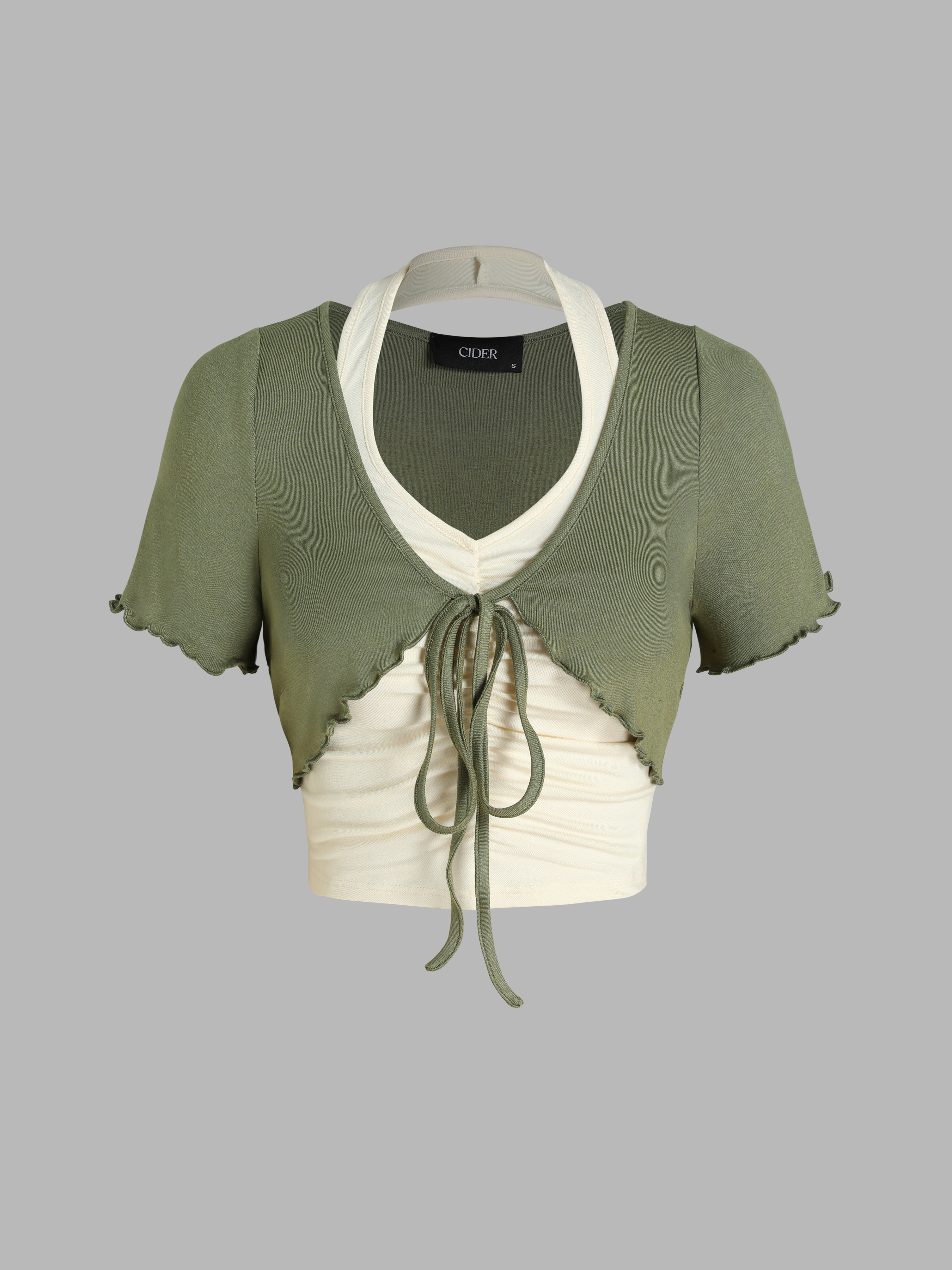 Jersey Two Piece V-neck Ruched Halter Tie Front Top For