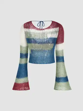 Maglia in misto lana con scollo rotondo e maniche a campana tagliate a strisce