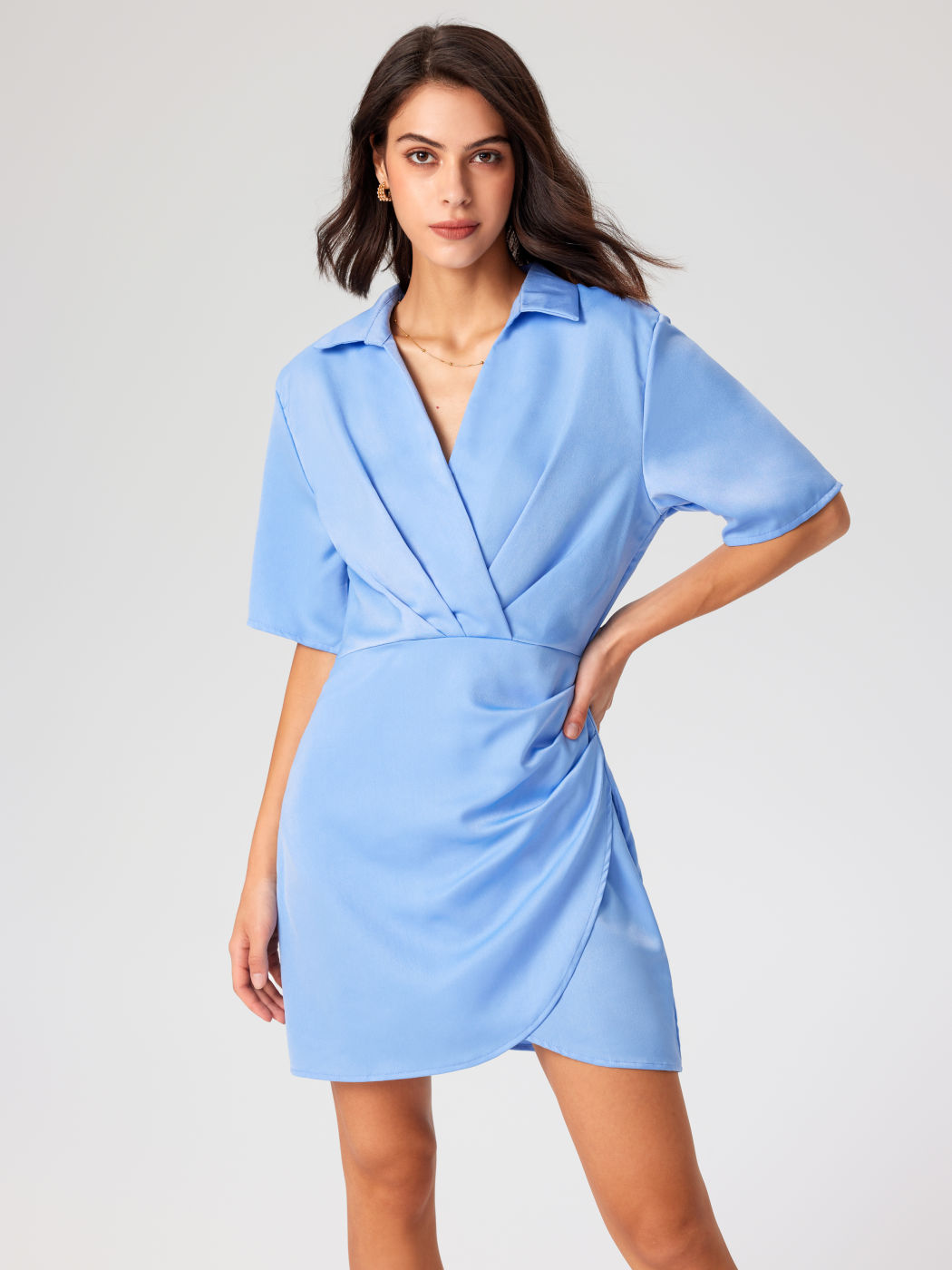 Solid Collar Ruched Midi Shirt Dress