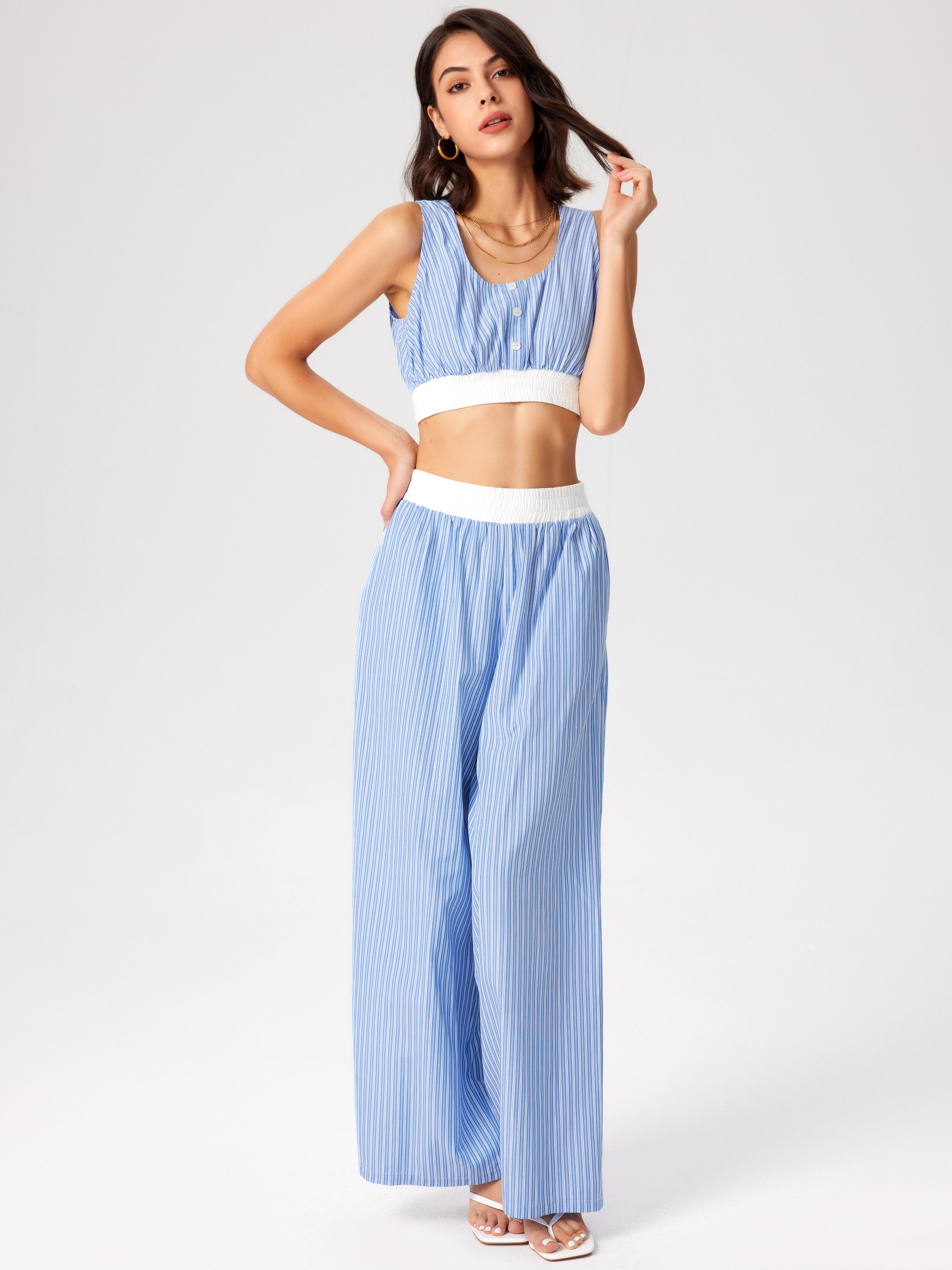 High Waist Striped Wide Leg Trousers - Cider