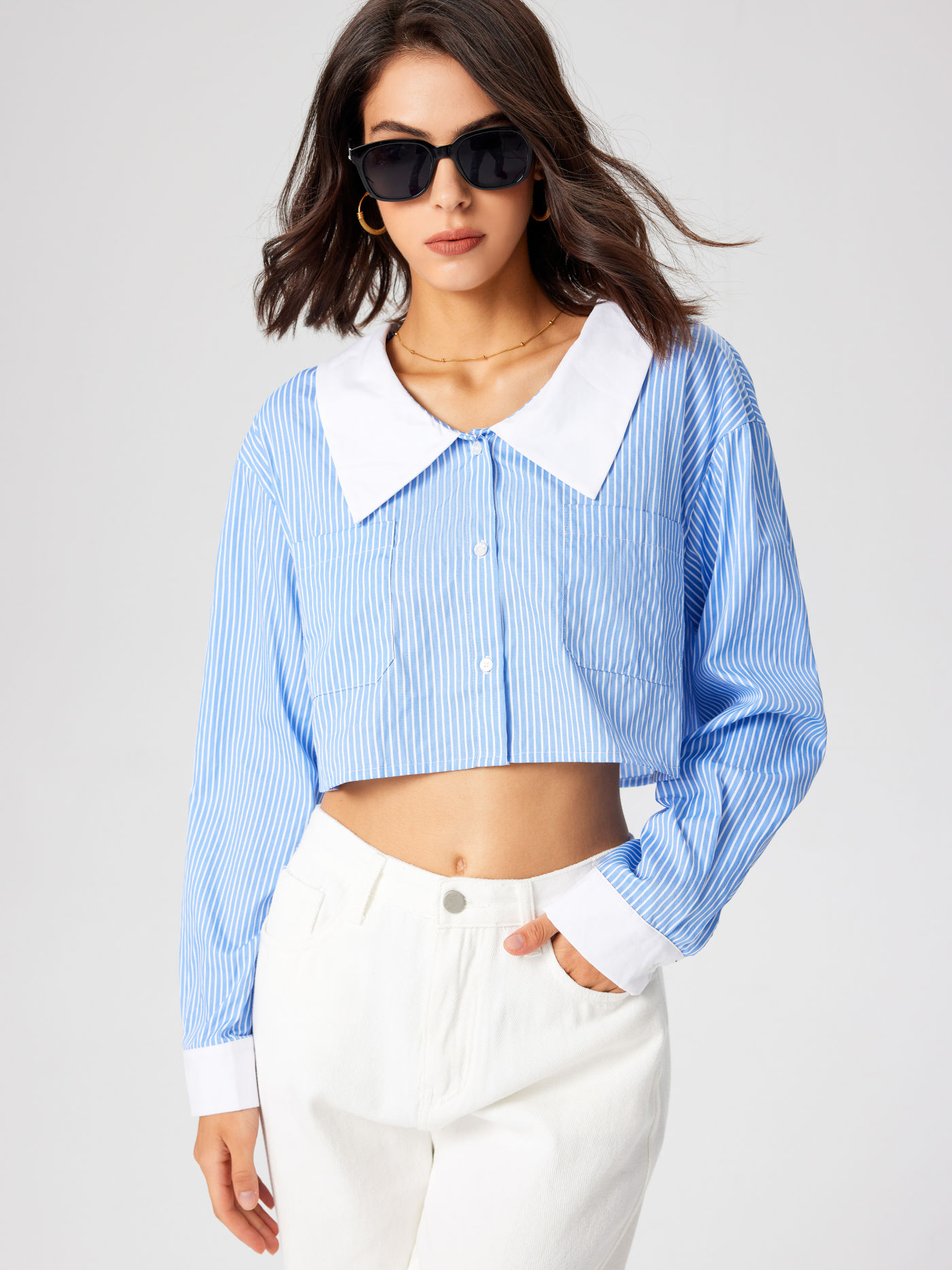 Collar Striped Long Sleeve Blouse