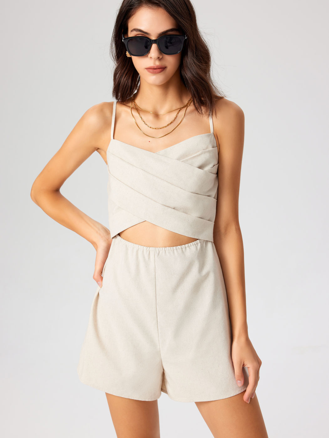 Linen-blend Sweetheart Solid Romper