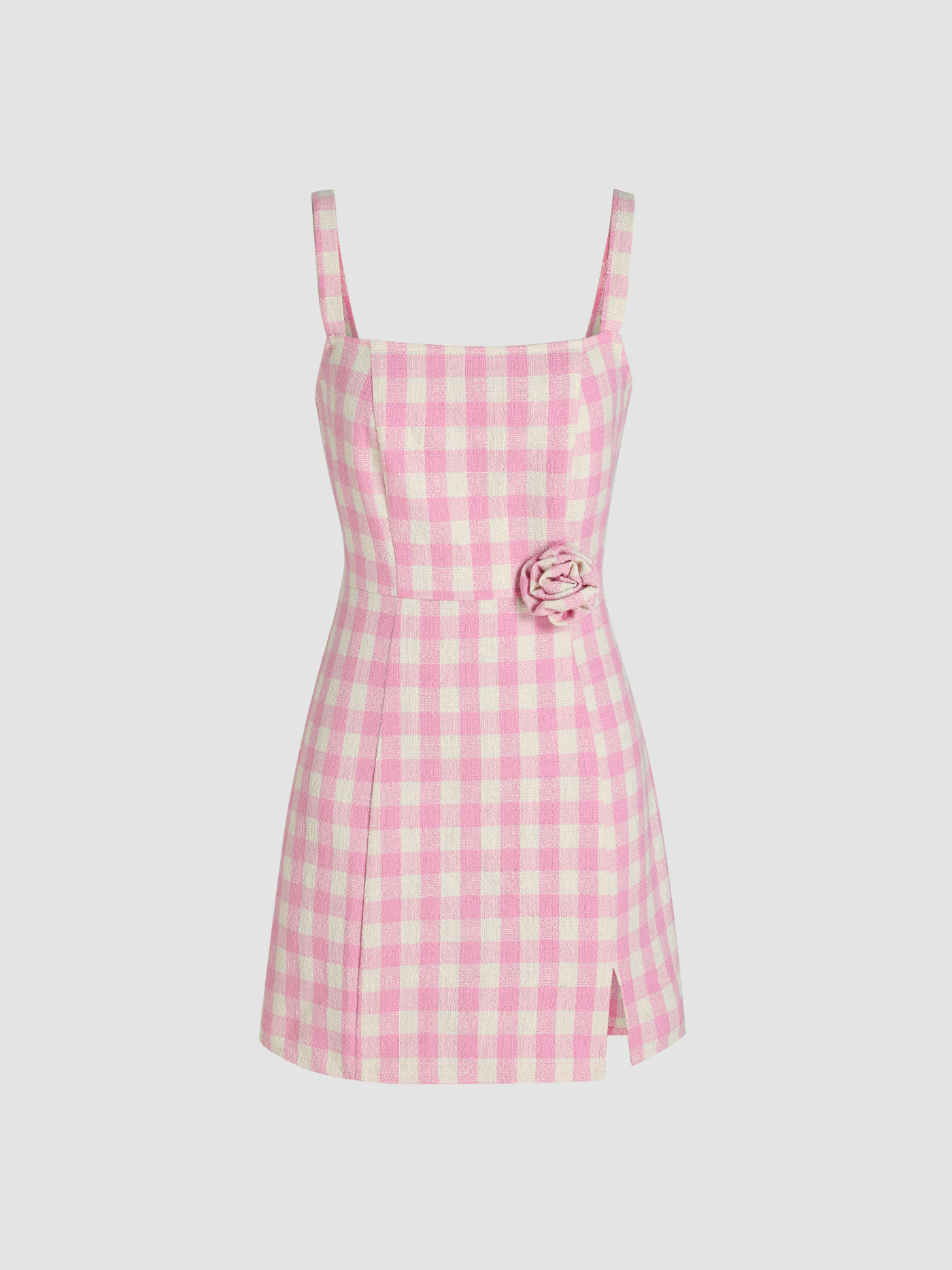 Square Neck Rosette Check Split Mini Dress