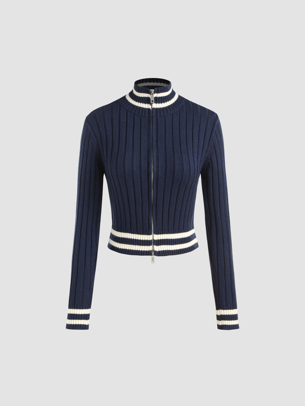 Knit High Neck Solid Zipper Long Sleeve Top
