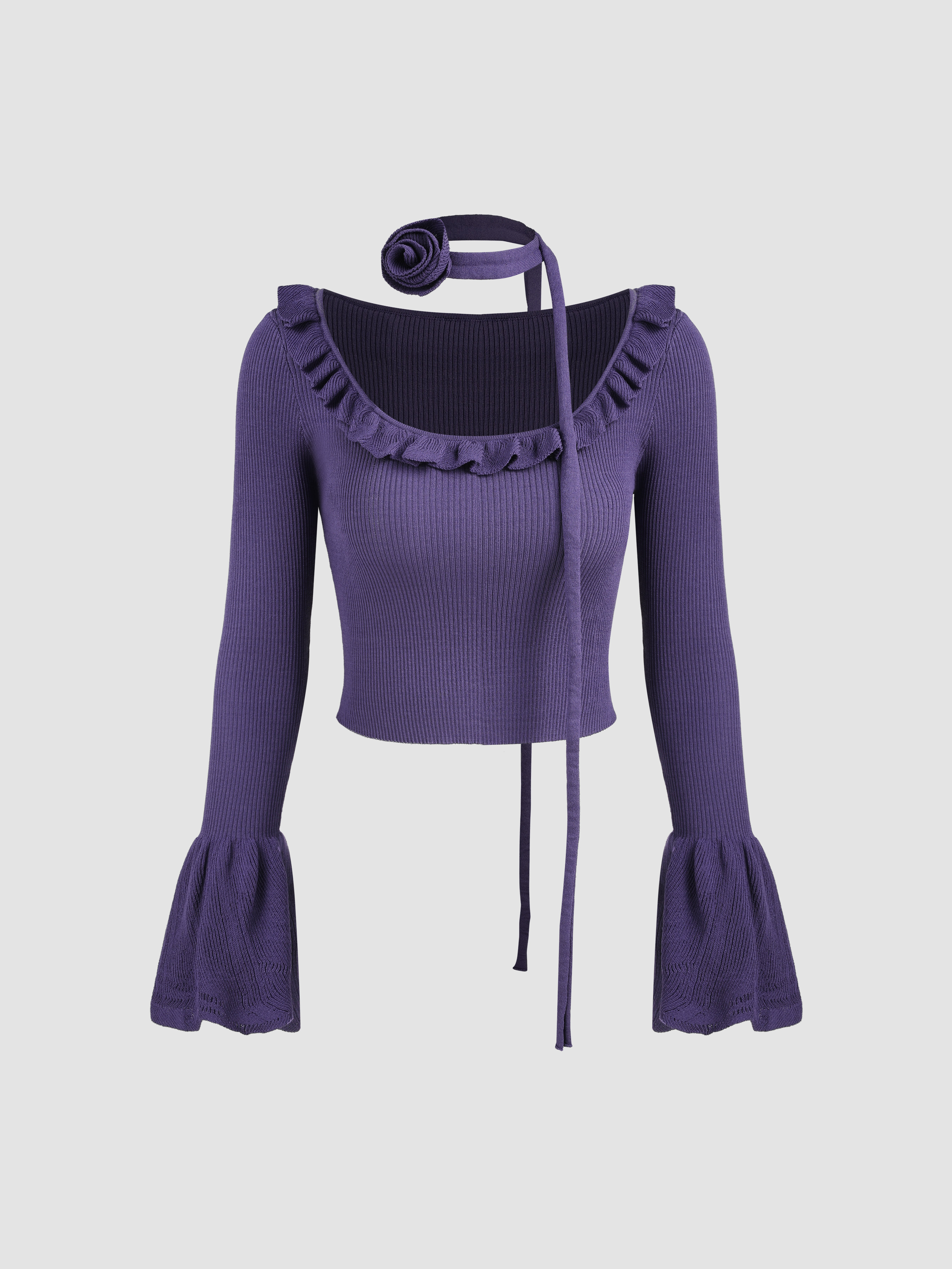 Knit Fabric Knit Scoop Neckline Ruffle Trim Crop Long Sleeve
