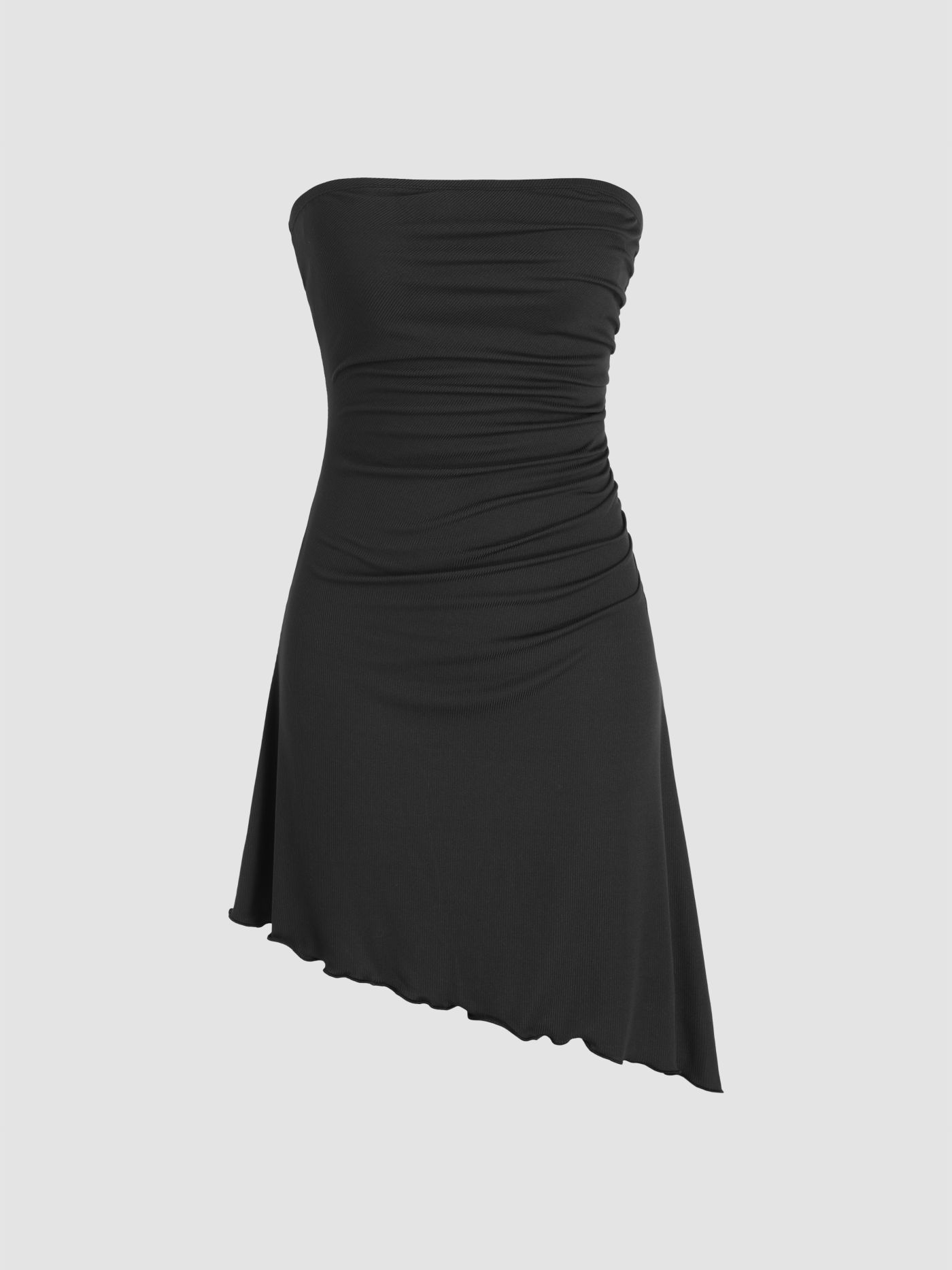 Solid Ruched Asymmetrical Ruffle Hem Tube Mini Dress