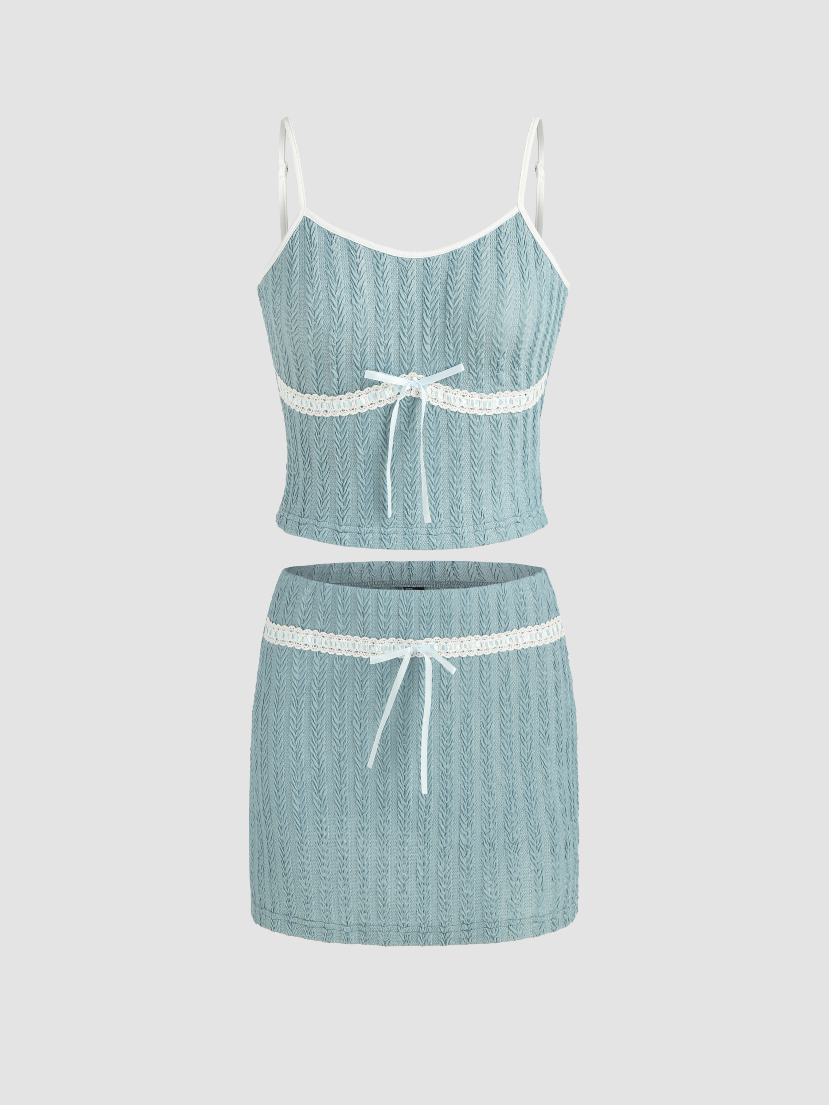 Knit Fabric Knit Contrasting Binding Bowknot Crop Cami Top & Mini Skirt ...