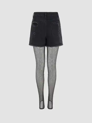 Hochdehnbare Denim-Mid-Waist-Mini-Shorts mit Netzstrumpfhosen