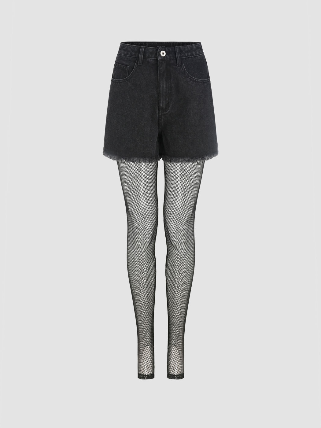 Hochdehnbare Denim-Mid-Waist-Mini-Shorts mit Netzstrumpfhosen