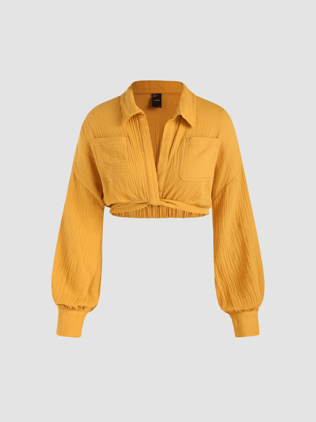 Solid Collar Texture Pocket Long Sleeve Crop Top
