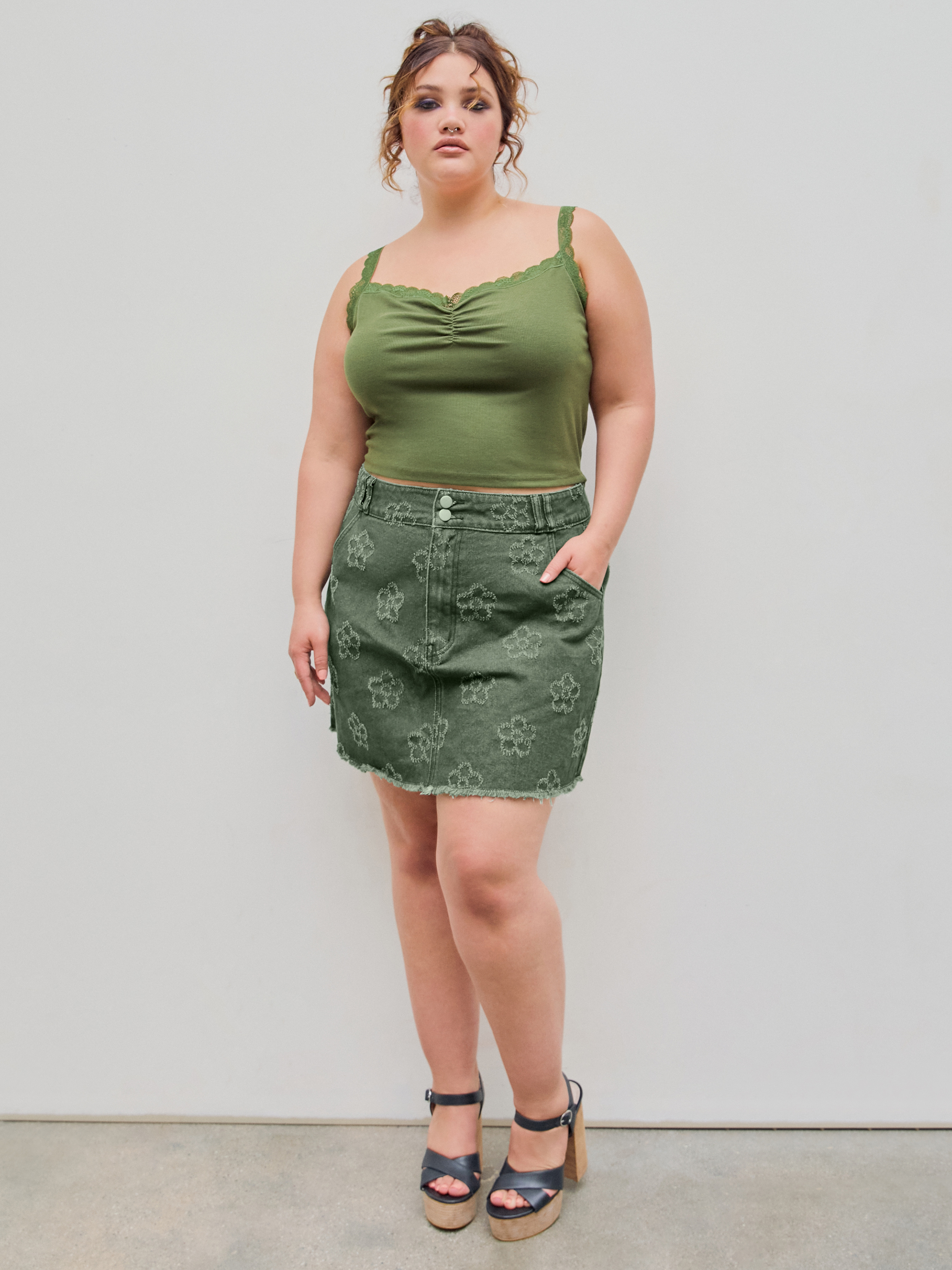 Rebecca Minkoff - Olive Green Denim Miniskirt Sz 26 – Current Boutique