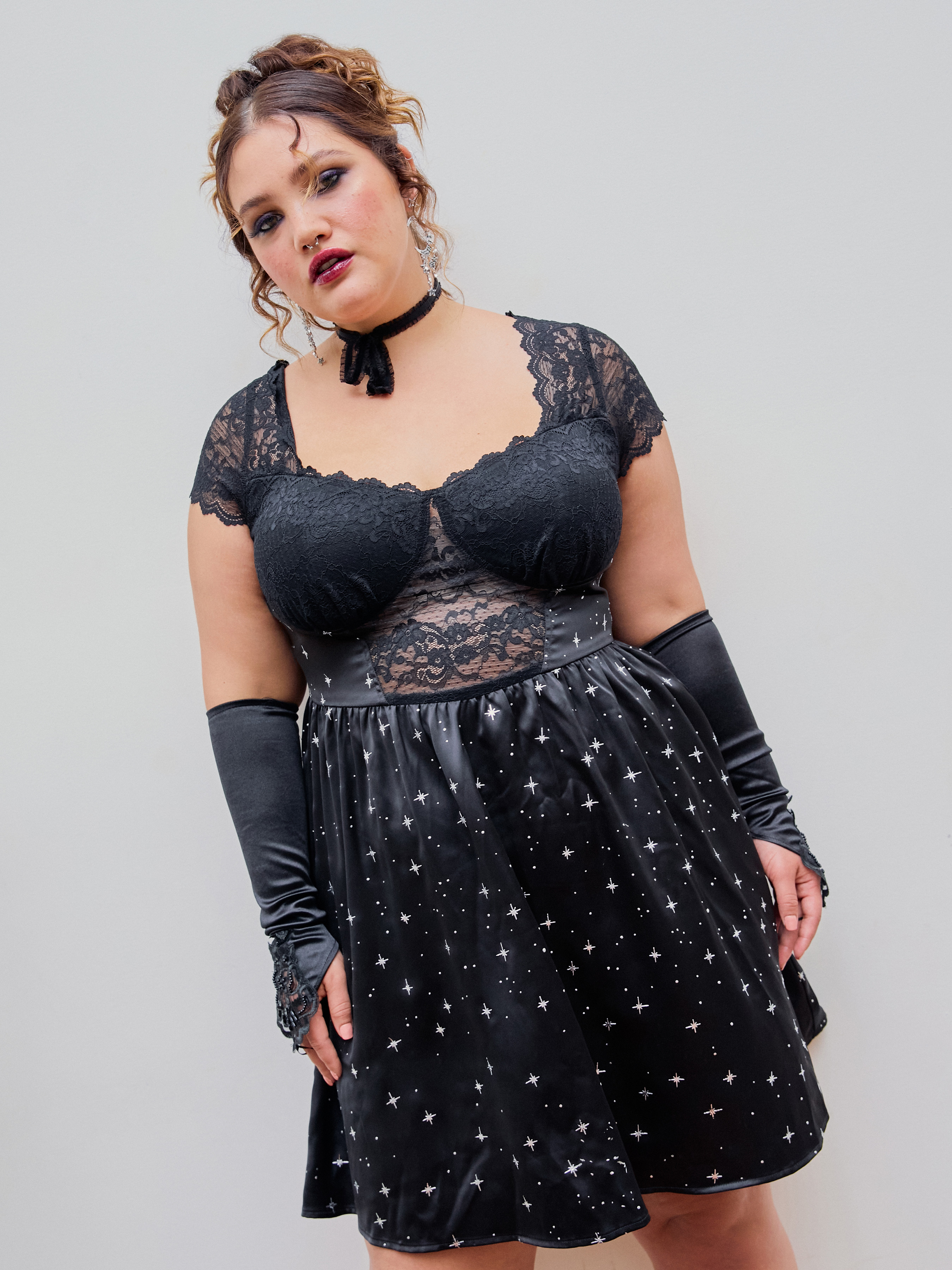 Lace Star Pattern Square Neck Geometric Mini Dress Curve & Plus