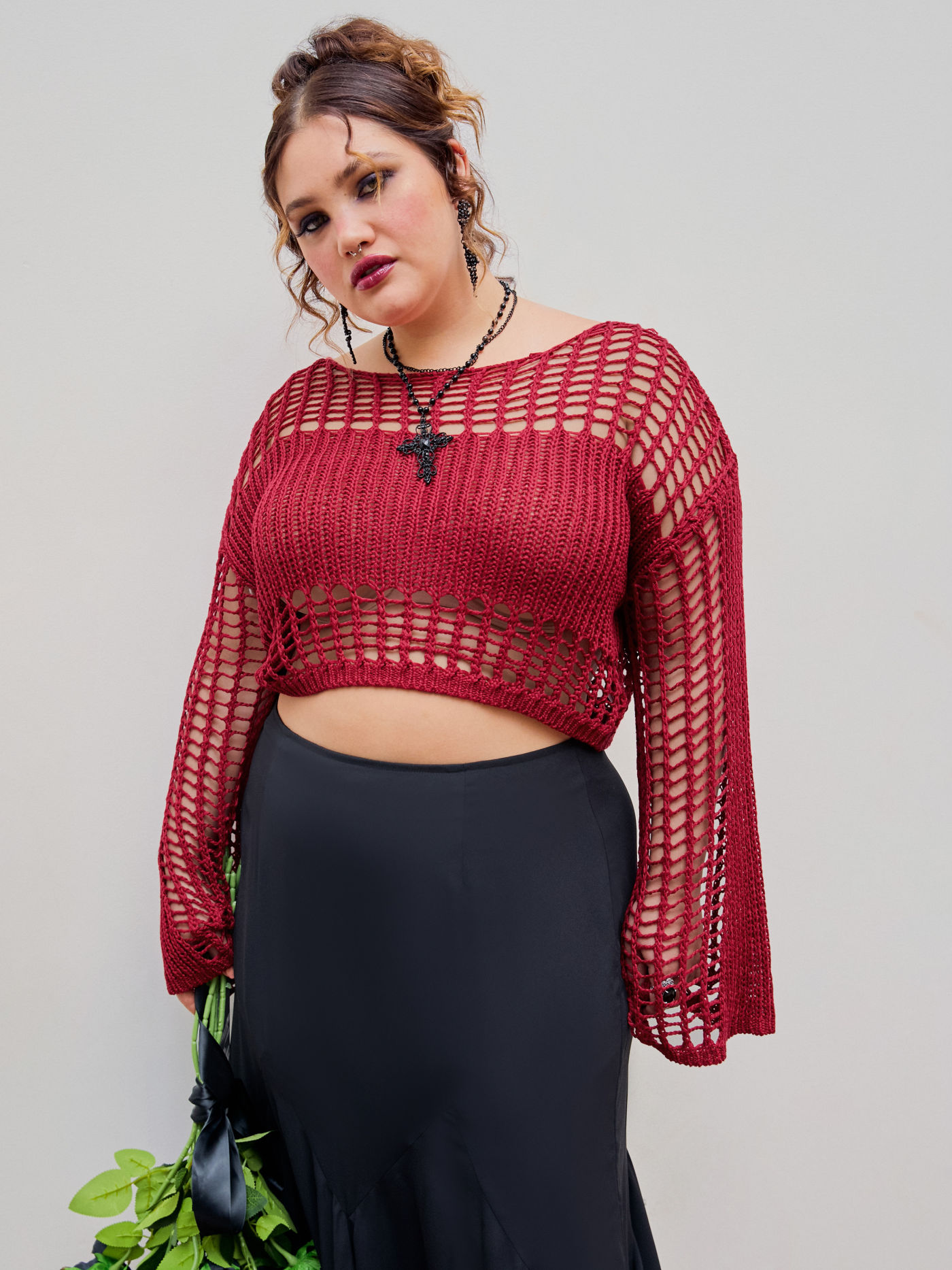 Hollow Out Knitted Long Sleeve Top Curve & Plus