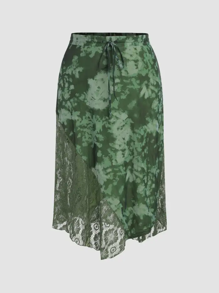 Lace Knit Fabric Mid Waist Lace Tie Dye Maxi Skirt Curve Plus