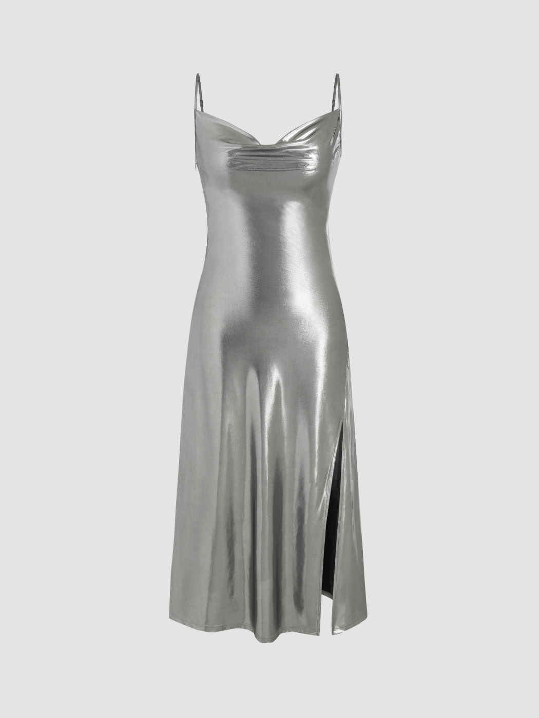 Metallic Cowl Neck Split Midi Dress
