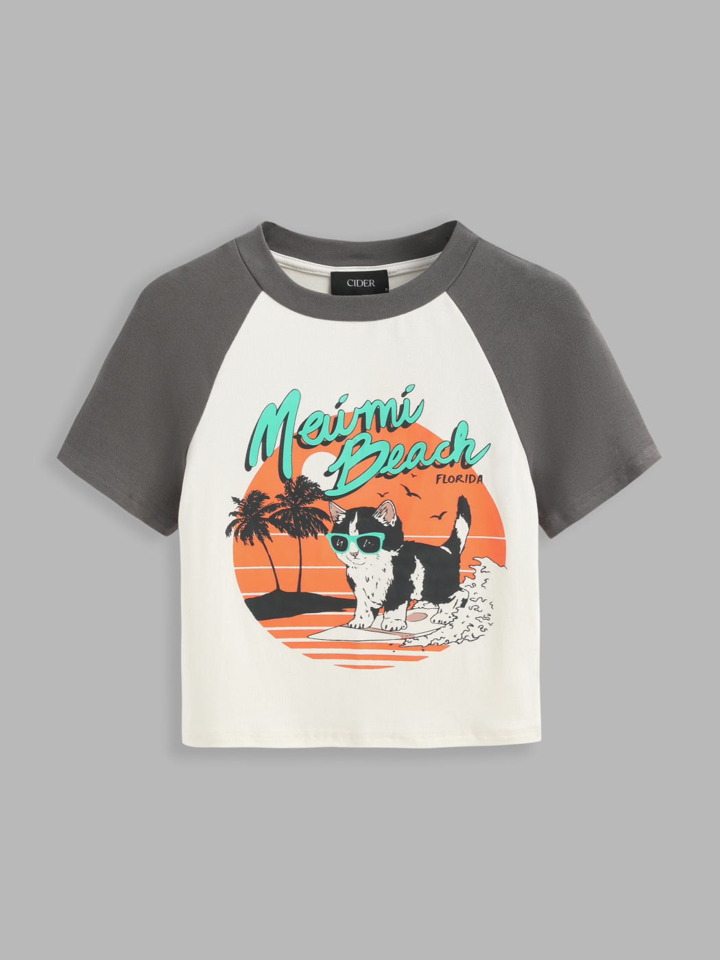 Raglan Cat Print Short Sleeve Crop Tee
