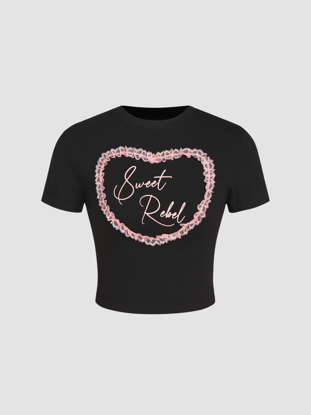 Sweet Rebel Round Neckline Graphic Heart Lace Short Sleeve Tee