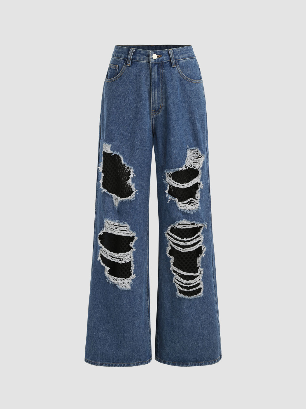 Denim Mid Waist Ripped Fishnet Wide Leg Jeans