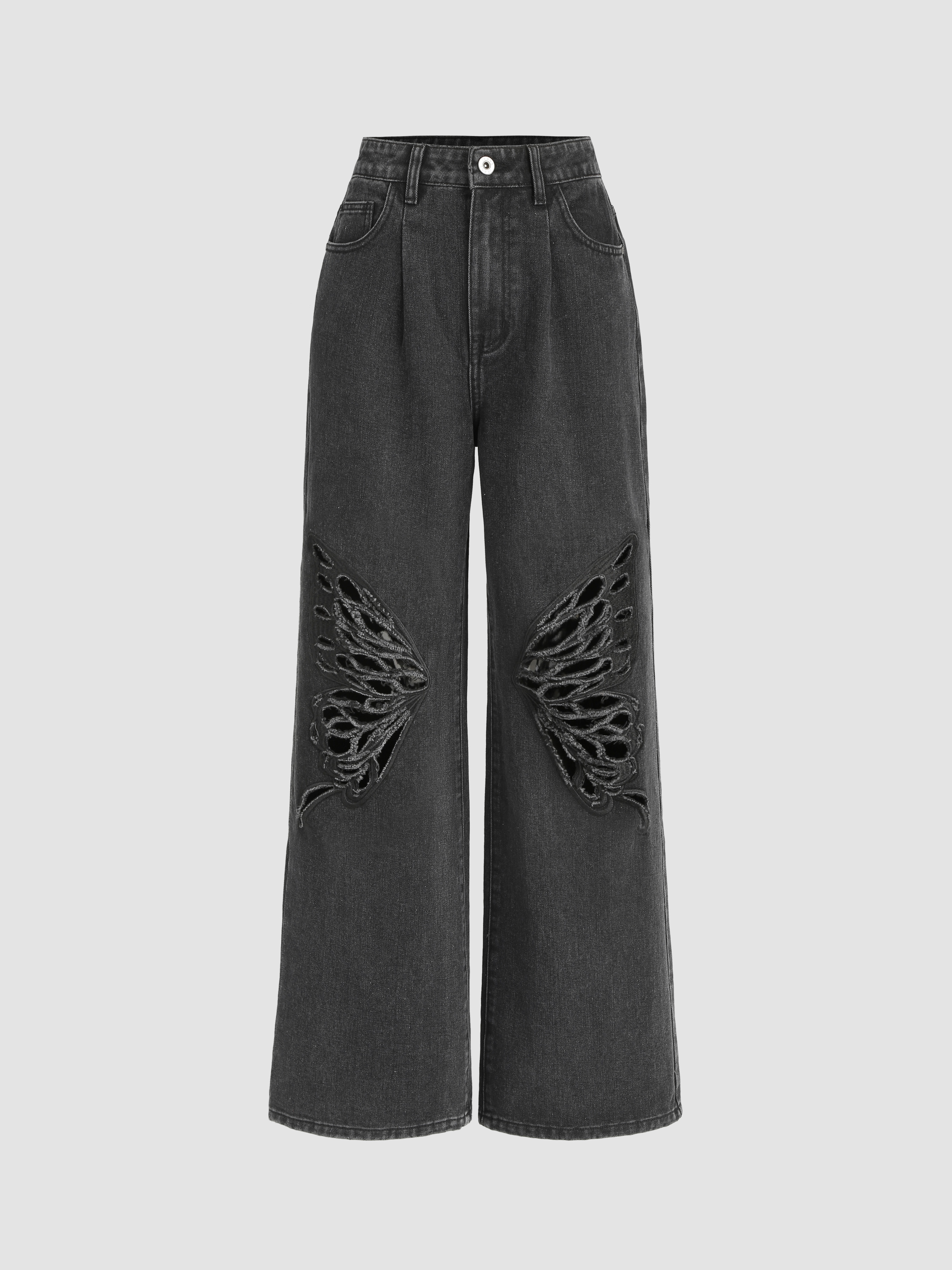 Denim High Waist Solid Butterfly Pocket Wide Leg Trousers - Cider