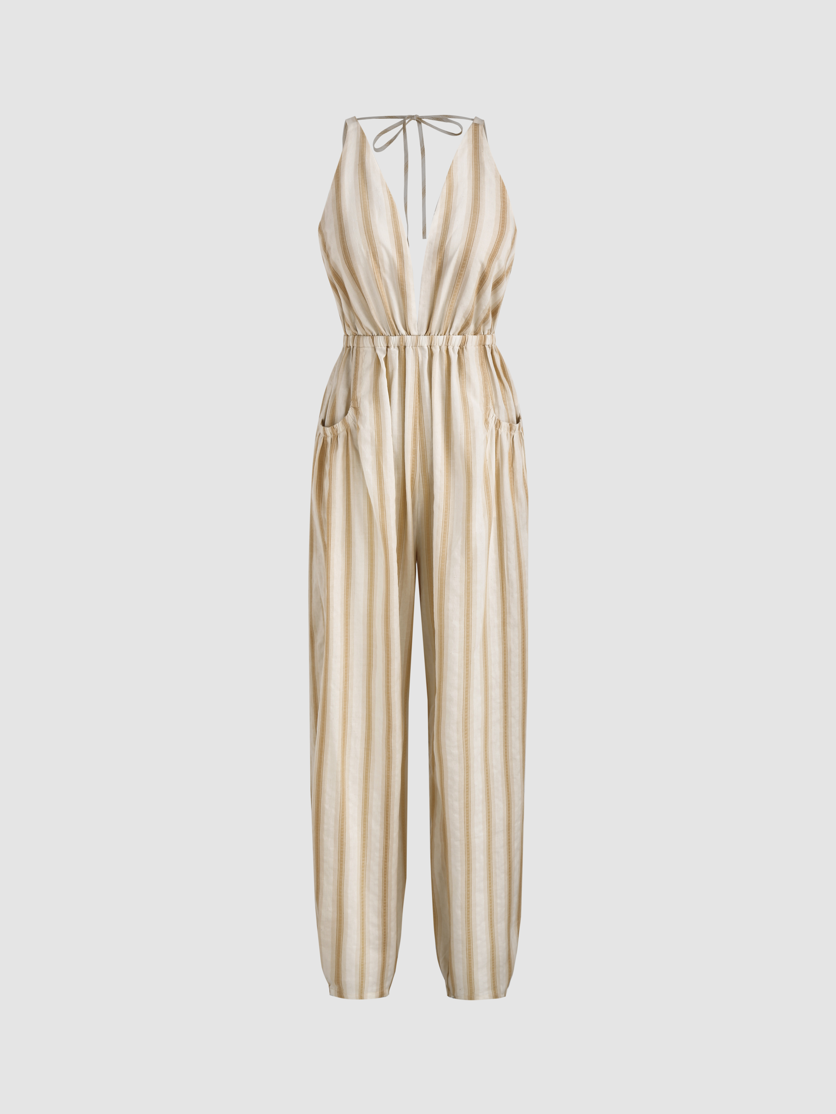 Casual Linen Cotton Shoulder Straps, Striped Printed Pants Jumpsuit