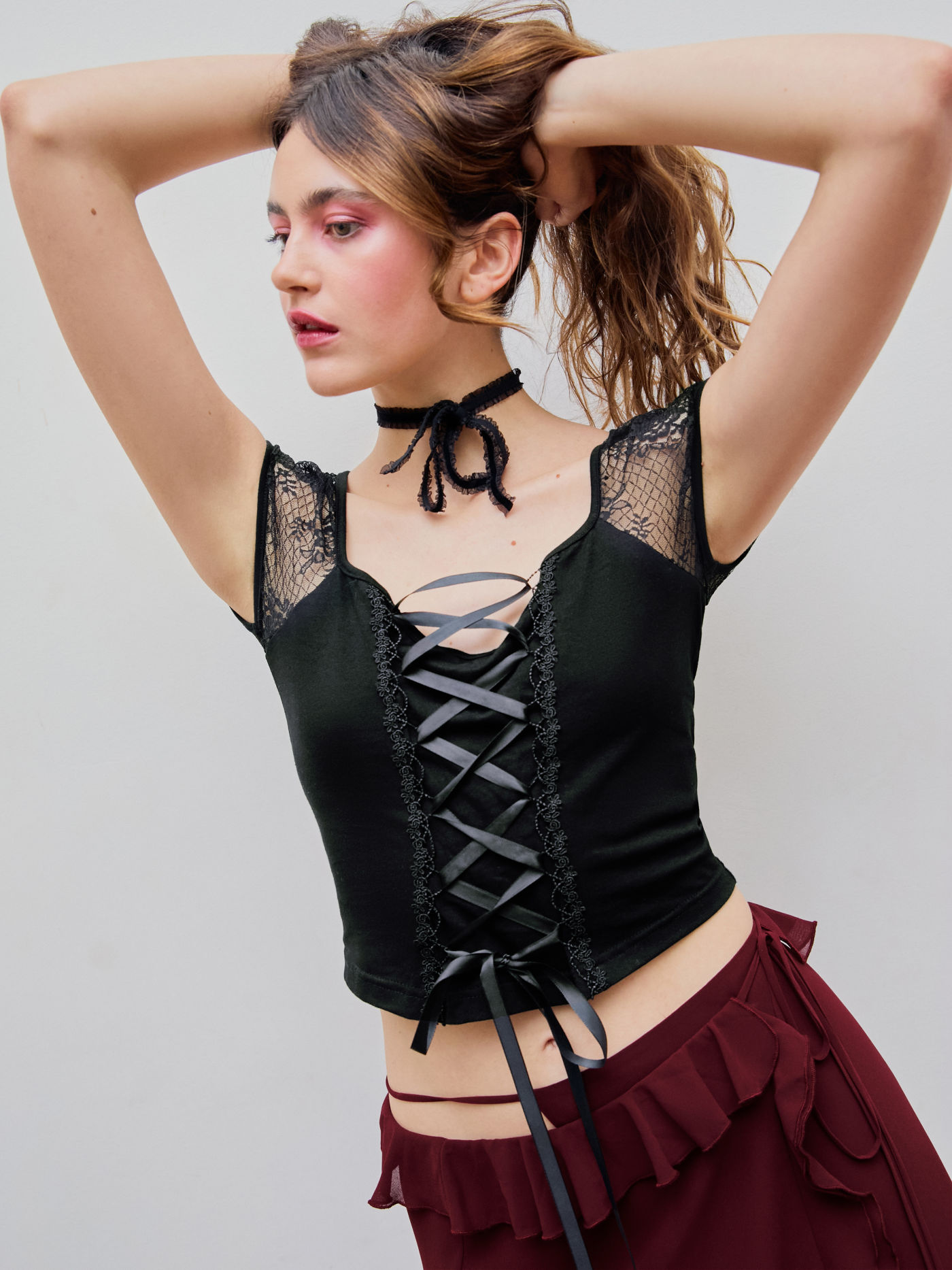 Mesh Sweetheart Solid Lace Up Short Sleeve Top