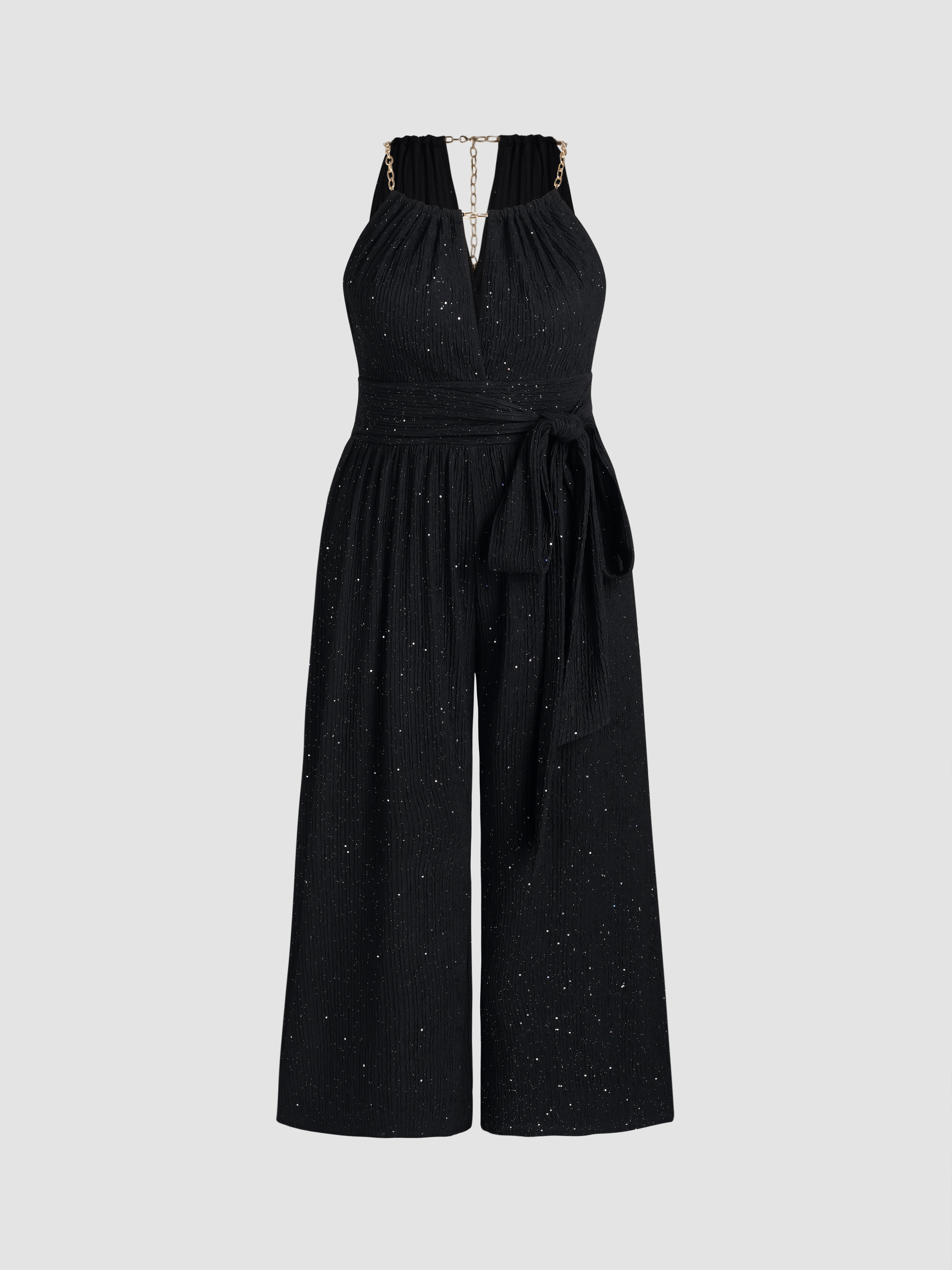 Knit Fabric V Neck Glitter Halter Belted Chain Jumpsuit