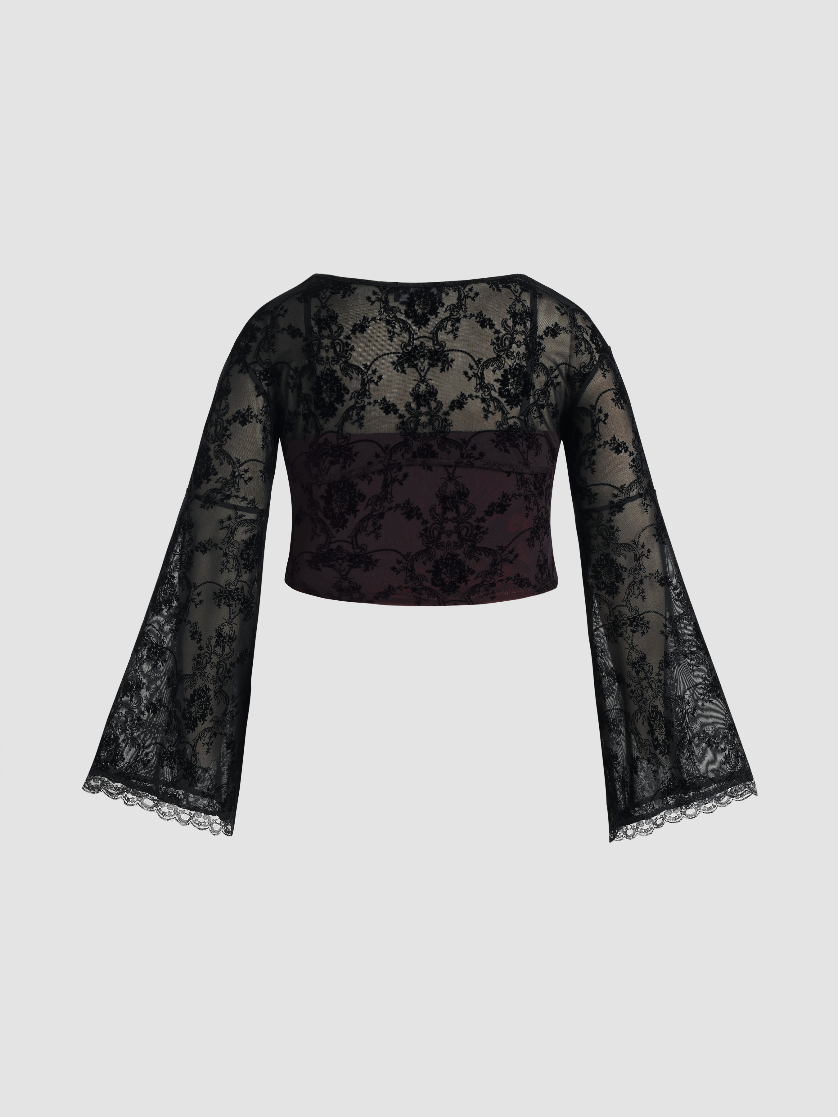 Floral Lace Bell Sleeve Crop Top - Cider